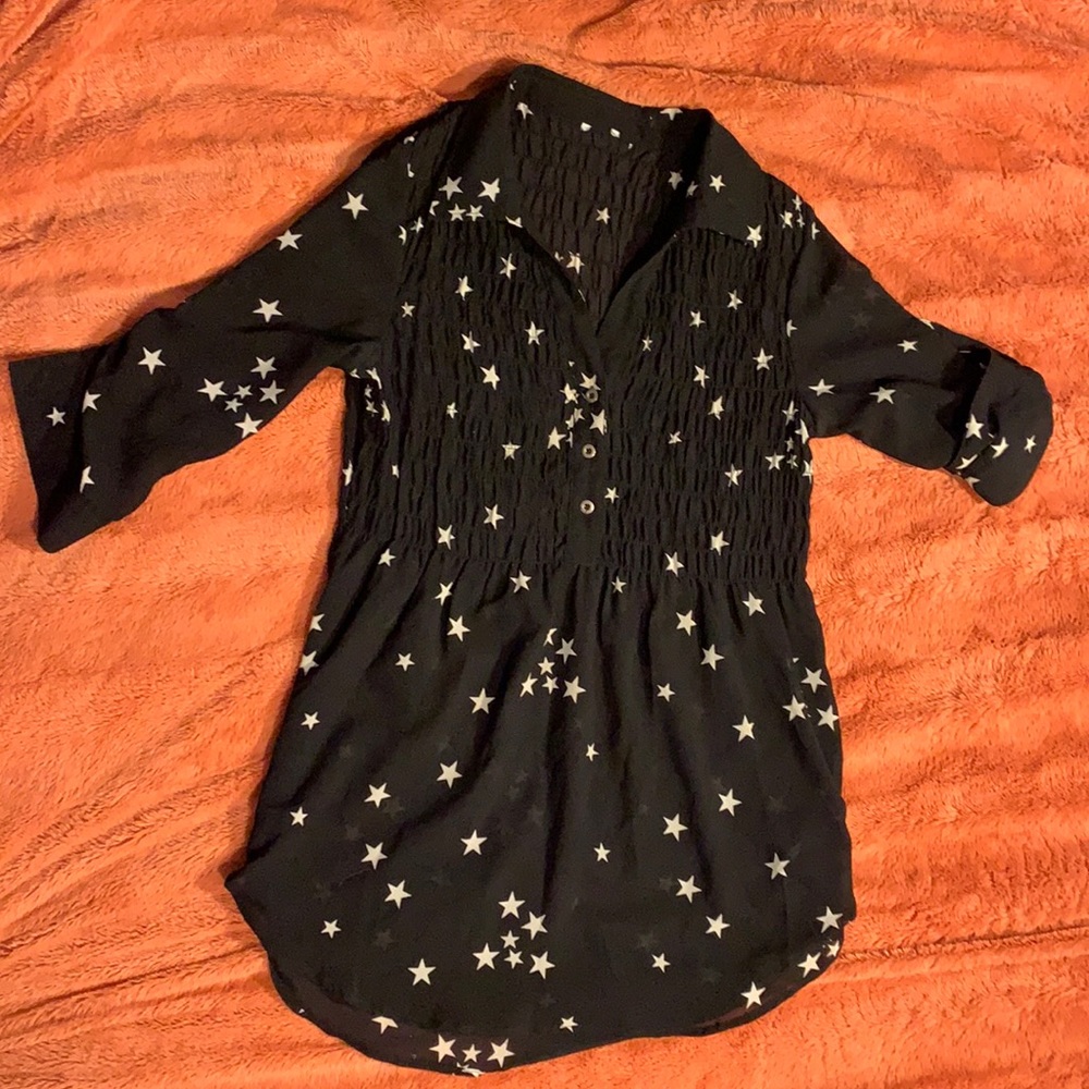 Black Sheer Dressy Top with white stars - fits SZ M